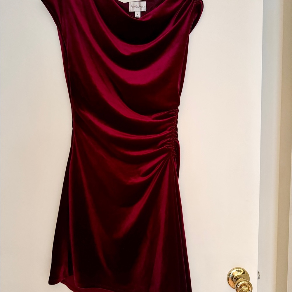 Premier Amour Womens One Shoulder Short Sleeve Velvet Fit + Flare Dress View 6